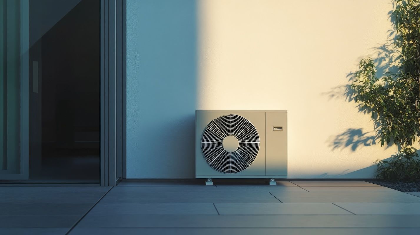 Außeneinheit einer Klimaanlage an einer Hauswand.